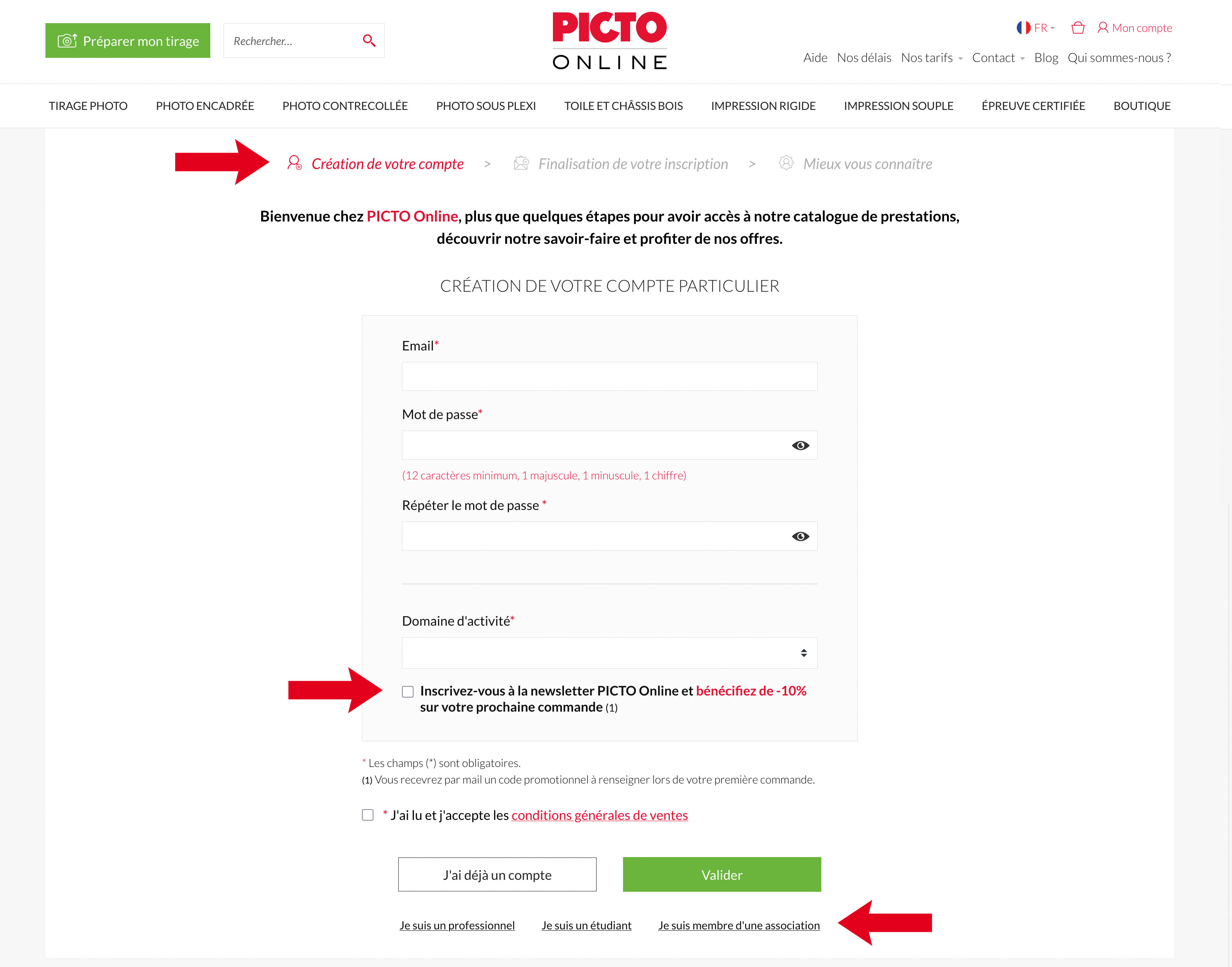 Cr&eacute;ation de votre compte - suivre les &eacute;tapes