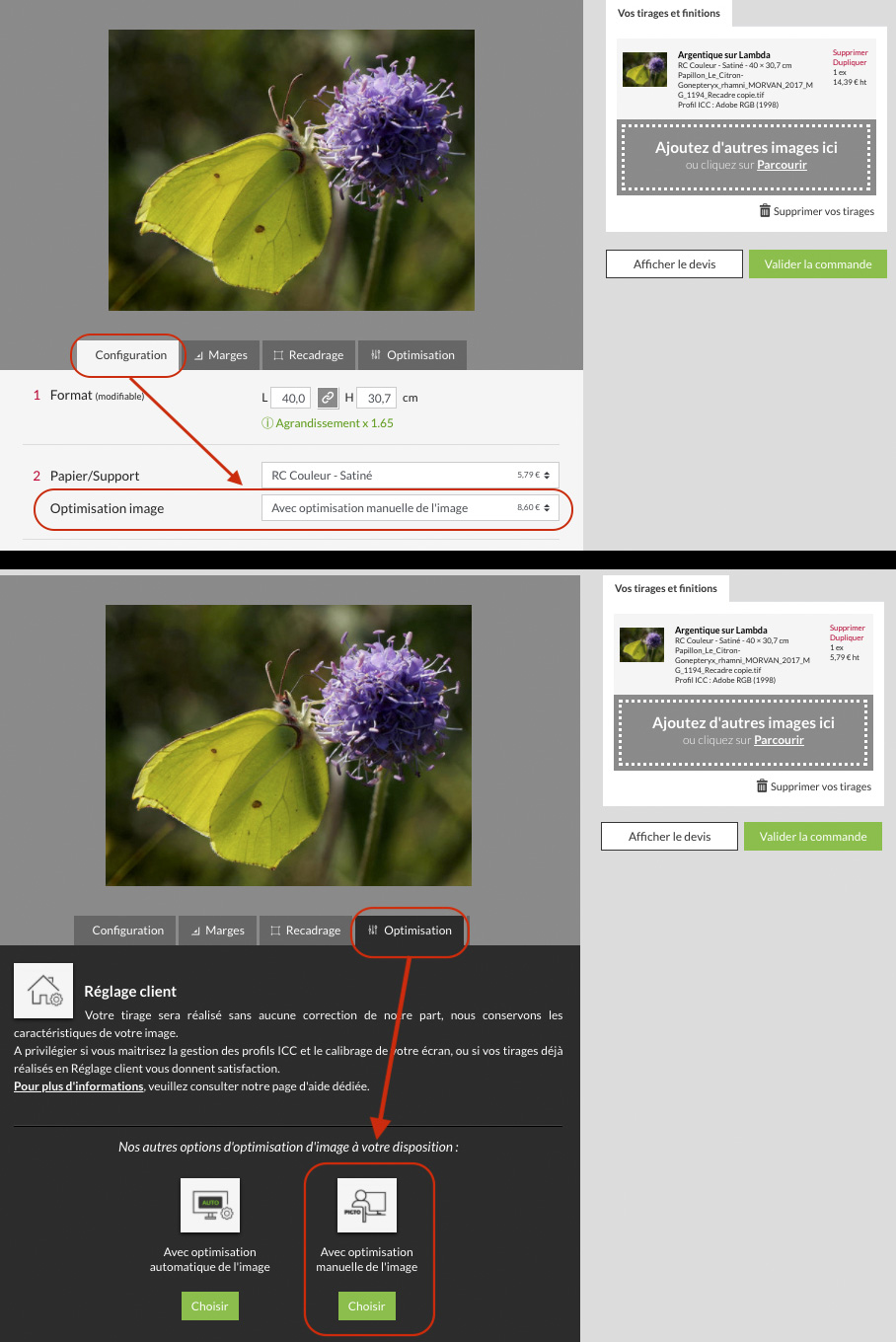 Page de configuration — onglet Optimisation manuelle