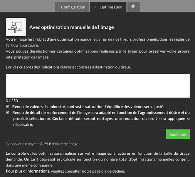 Interface de l’onglet Optimisation manuelle